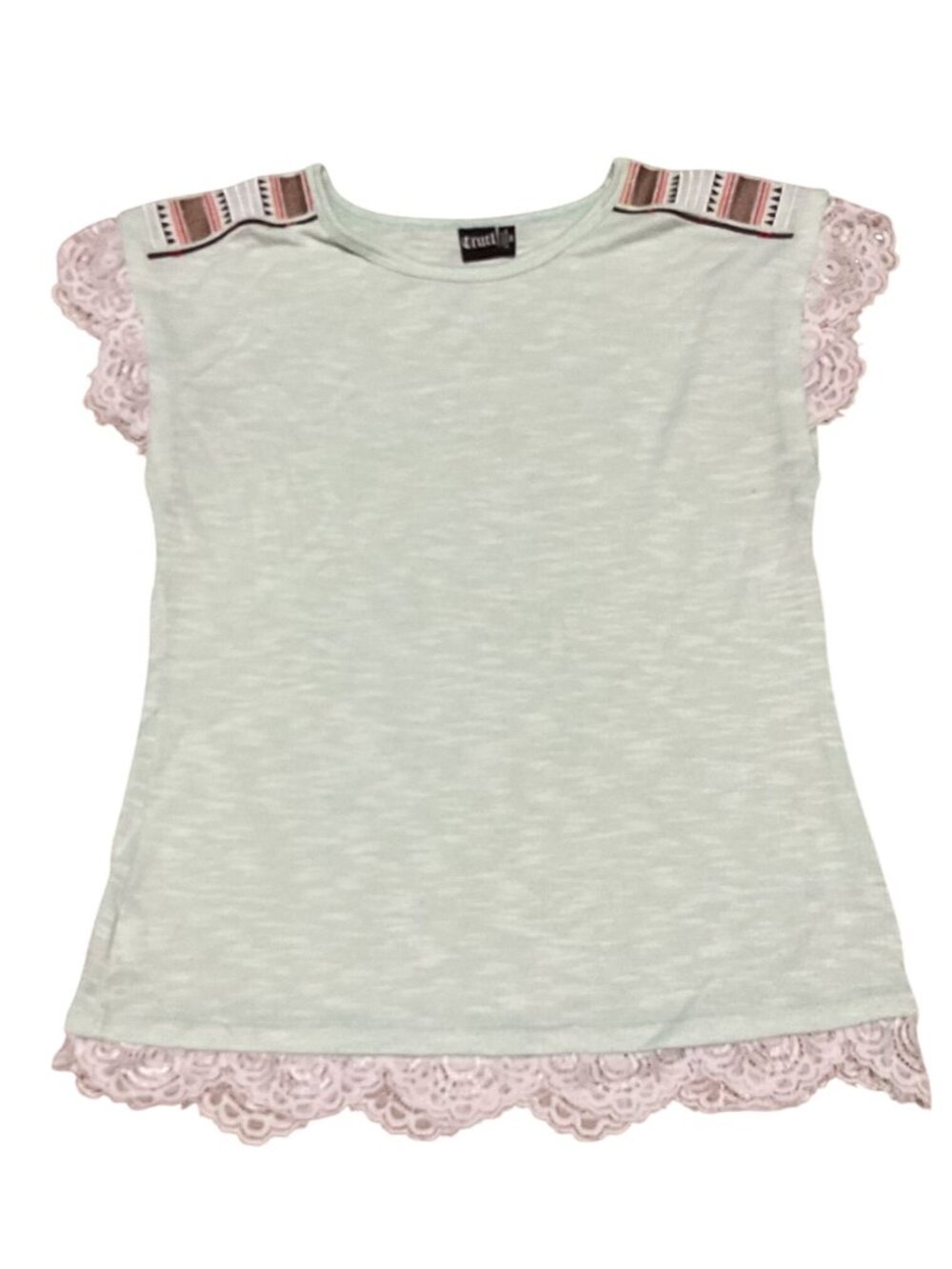 Cruel Mint Green Lace Trim Top Size M With Tribal Southwestern Shoulder Detail